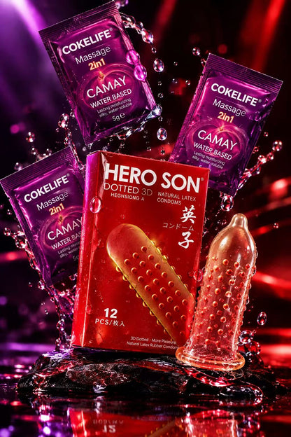 HERO SON –Pack 12 Préservatifs à Picots + 3 Lubrifiants Le Pack Plaisir Complet