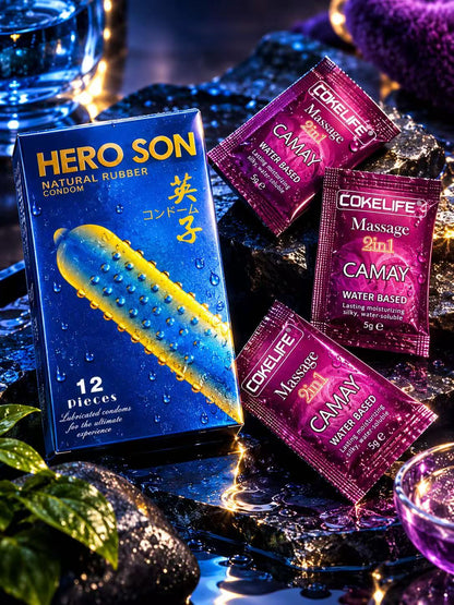 HERO SON –Pack 12 Préservatifs à Picots + 3 Lubrifiants Le Pack Plaisir Complet